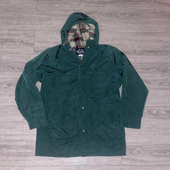 Woolrich Jacket Parka Mens Sz M Green Hooded Plaid Lined USA Barn Coat Zip 80s - Picture 1 of 9